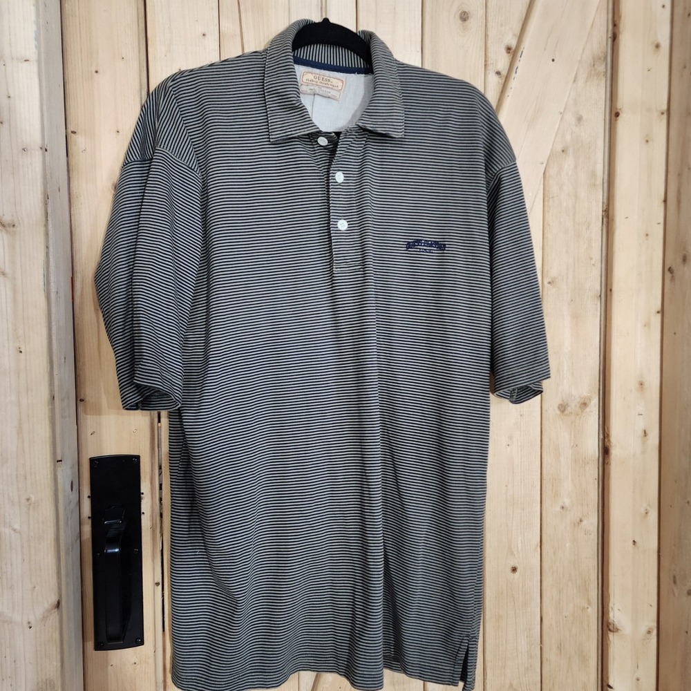 Vintage Guess Classics USA Striped Polo Shirt Mens Medium Navy Cream Cotton